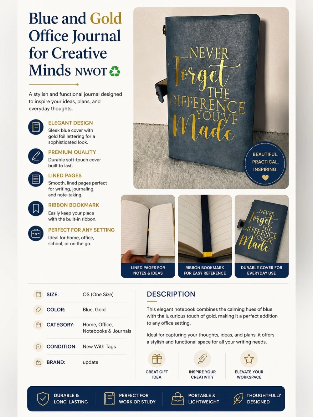 Blue and Gold Office Journal for Creative Minds NWOT♻️